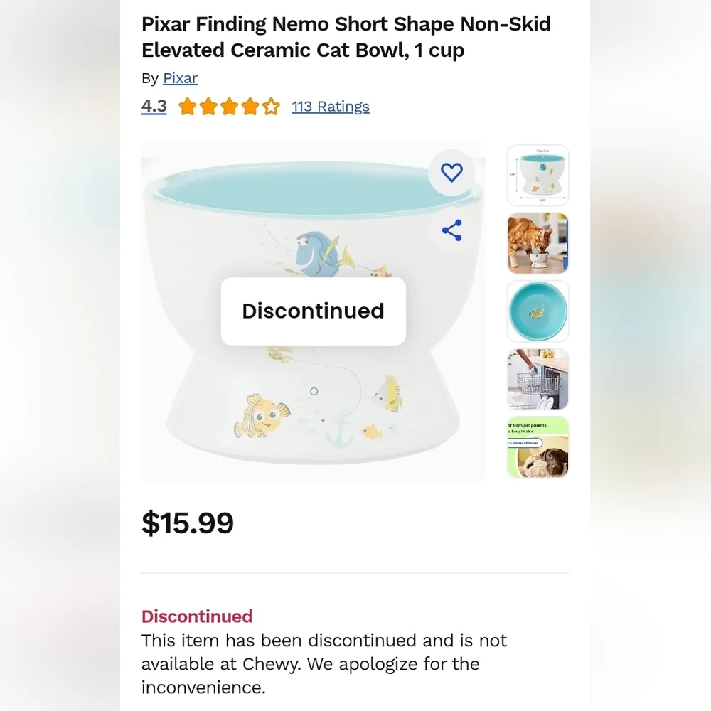 Pixar Finding Nemo Short Shape Non-Skid Elevated Ceramic 1 Cup Cat Bowl